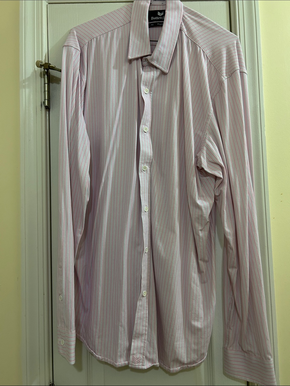 Buttercloth Men's XL, regular fit and lightly worn Light Pink Stripe Dress Shirt